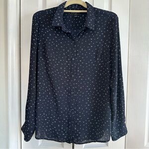 Banana Republic Navy Blue & White Long Sleeve Button Down Classic Fit Blouse